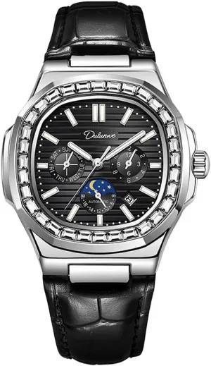 Men's Fully Automatic Mechanical Watch, Fashion Leather Watches Multifunction Date Chronograph Wristwatches, Diamond Moon Phase Waterproof Male Watch