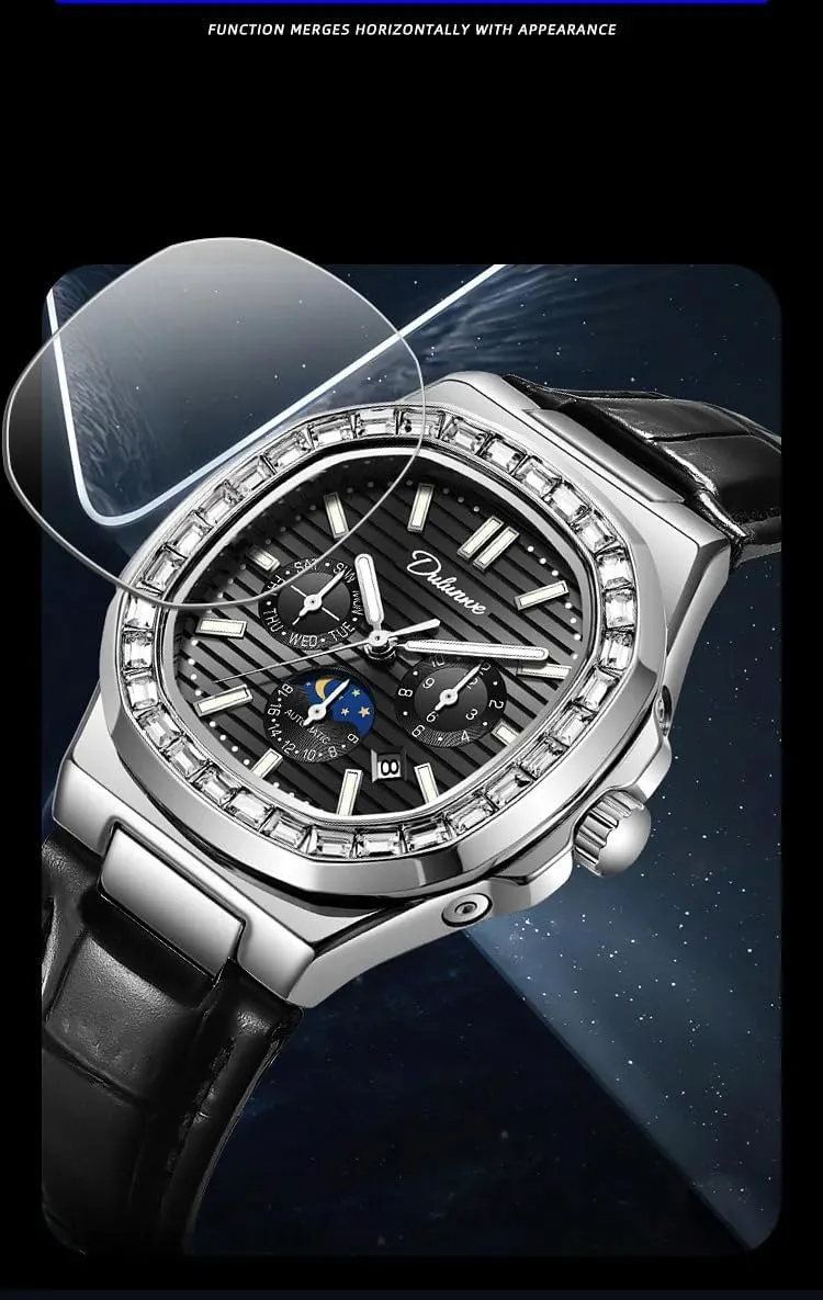 Men's Fully Automatic Mechanical Watch, Fashion Leather Watches Multifunction Date Chronograph Wristwatches, Diamond Moon Phase Waterproof Male Watch