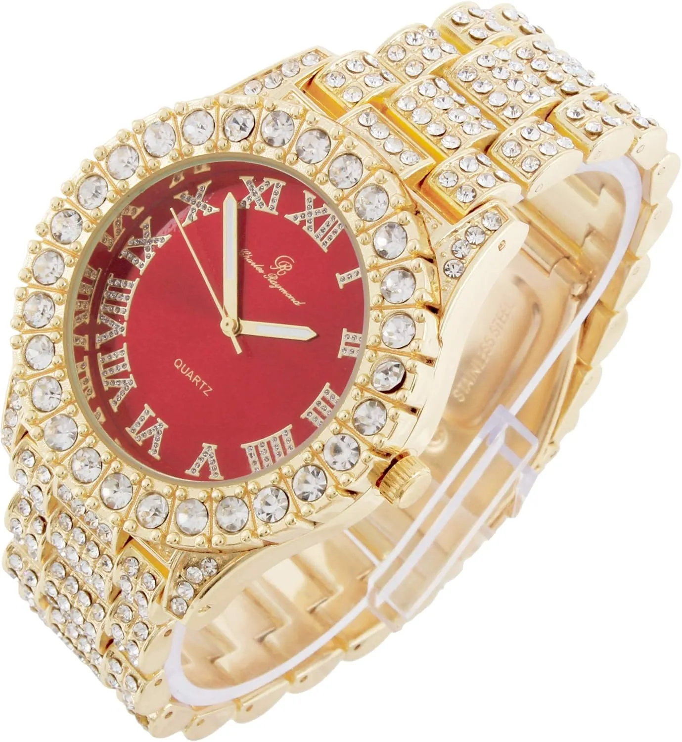 Mens Gold Big Rocks Bezel Blood Red Dial with Roman Numerals Fully Iced Out Watch w/Cuban Chain Bracelet & Ring Size - Blood Red/Gold - ST10327CRG