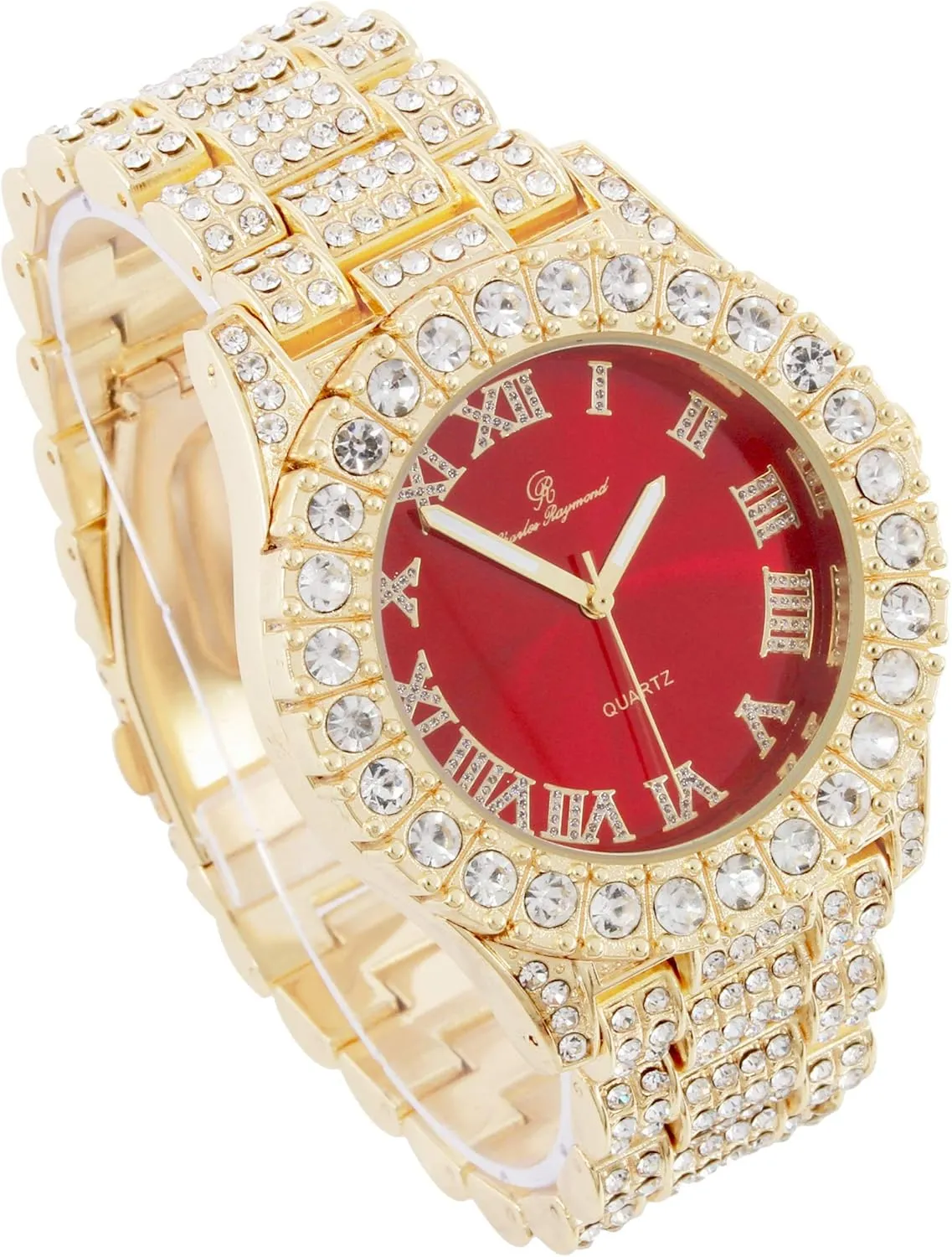 Mens Gold Big Rocks Bezel Blood Red Dial with Roman Numerals Fully Iced Out Watch w/Cuban Chain Bracelet & Ring Size - Blood Red/Gold - ST10327CRG