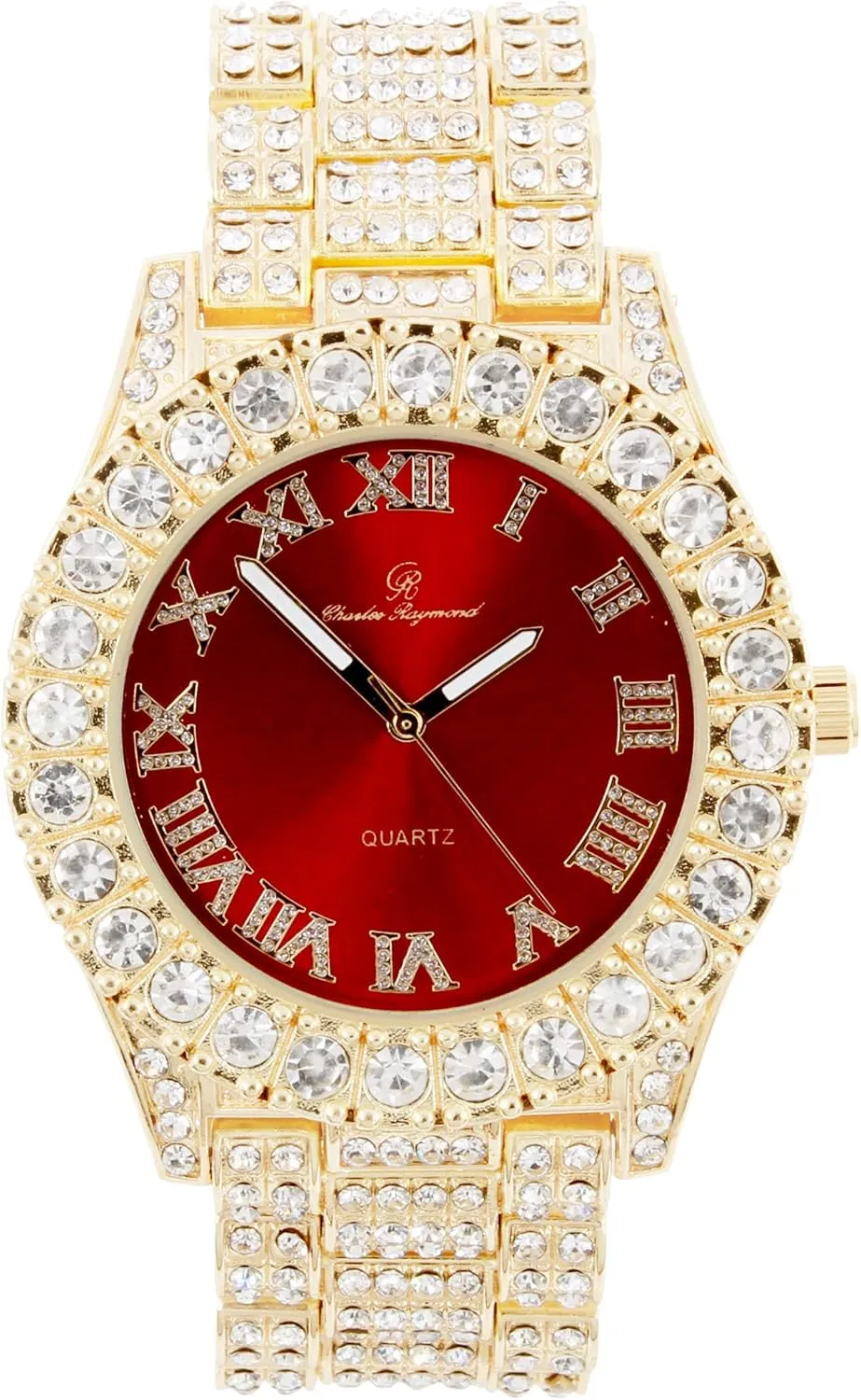 Mens Gold Big Rocks Bezel Blood Red Dial with Roman Numerals Fully Iced Out Watch w/Cuban Chain Bracelet & Ring Size - Blood Red/Gold - ST10327CRG