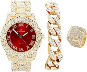 Mens Gold Big Rocks Bezel Blood Red Dial with Roman Numerals Fully Iced Out Watch w/Cuban Chain Bracelet & Ring Size - Blood Red/Gold - ST10327CRG