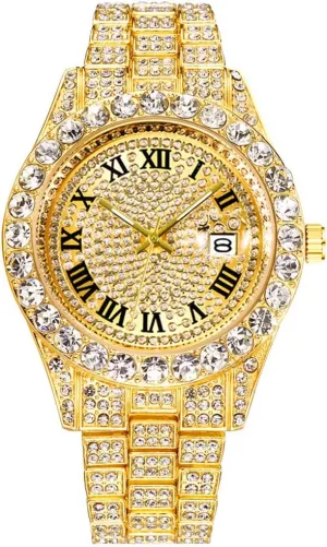 Mens Ice Out Watches Big Rocks with Roman Numerals Fully Colorful Dial Gold Watch