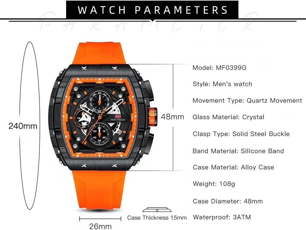 Mens Watches Fashion Sport Luxury Tonneau Watches for Men Chronograph Waterproof Dress Business Work Watch Large Square Face Wristwatch Analog Luminous Calendar Men’s Wrist Watch