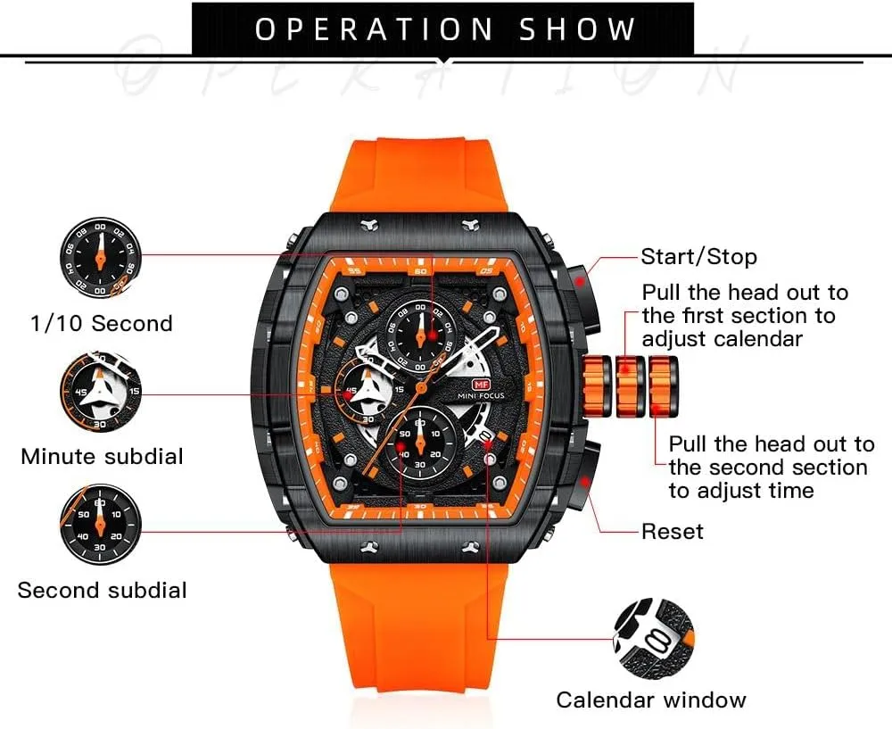 Mens Watches Fashion Sport Luxury Tonneau Watches for Men Chronograph Waterproof Dress Business Work Watch Large Square Face Wristwatch Analog Luminous Calendar Men’s Wrist Watch