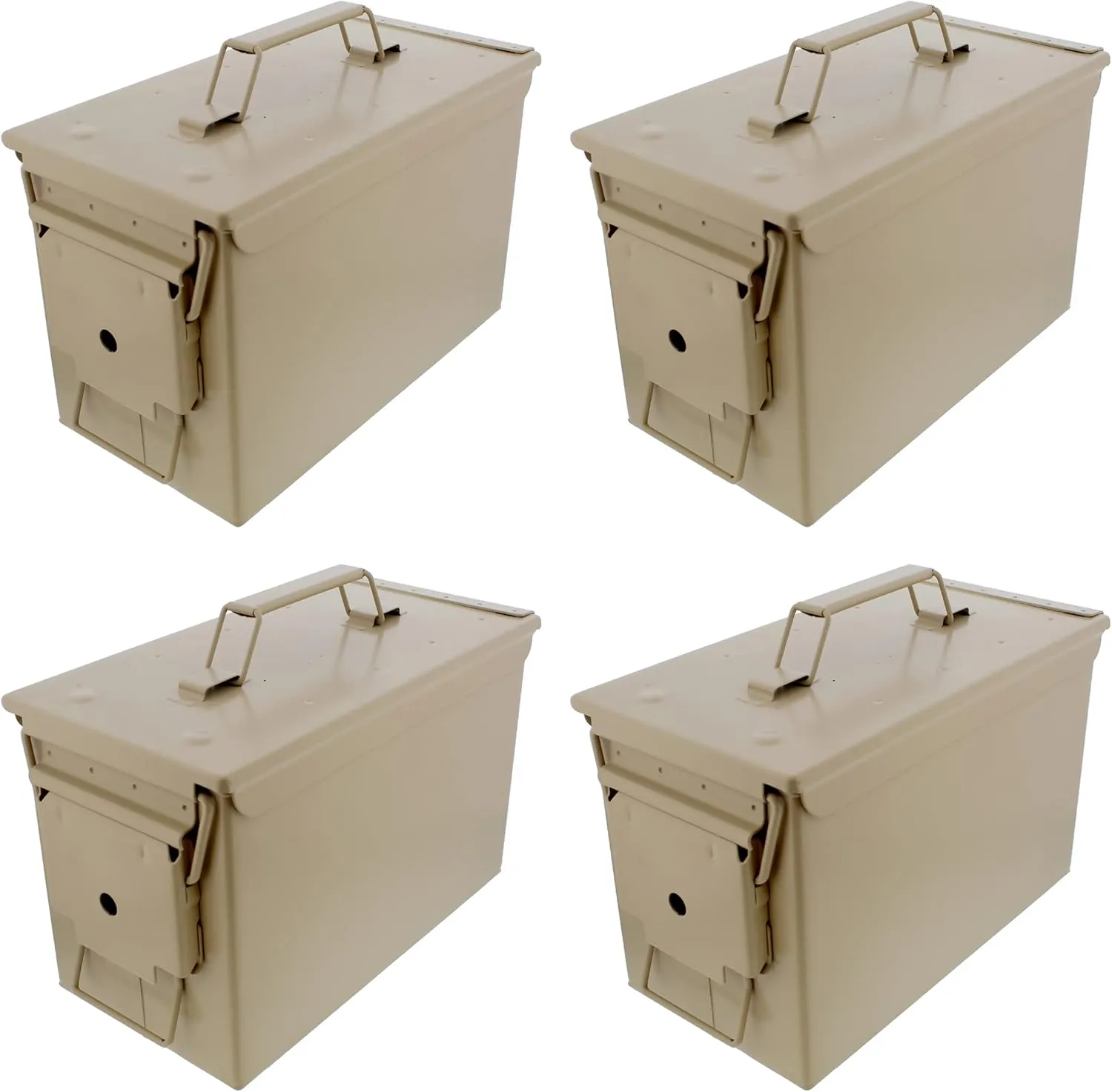 Metal Ammo Box 4pk Set - 50 Cal Tan Ammo Storage Containers Ammo Cans with Lids for Military or Home Storage