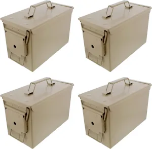 Metal Ammo Box 4pk Set - 50 Cal Tan Ammo Storage Containers Ammo Cans with Lids for Military or Home Storage