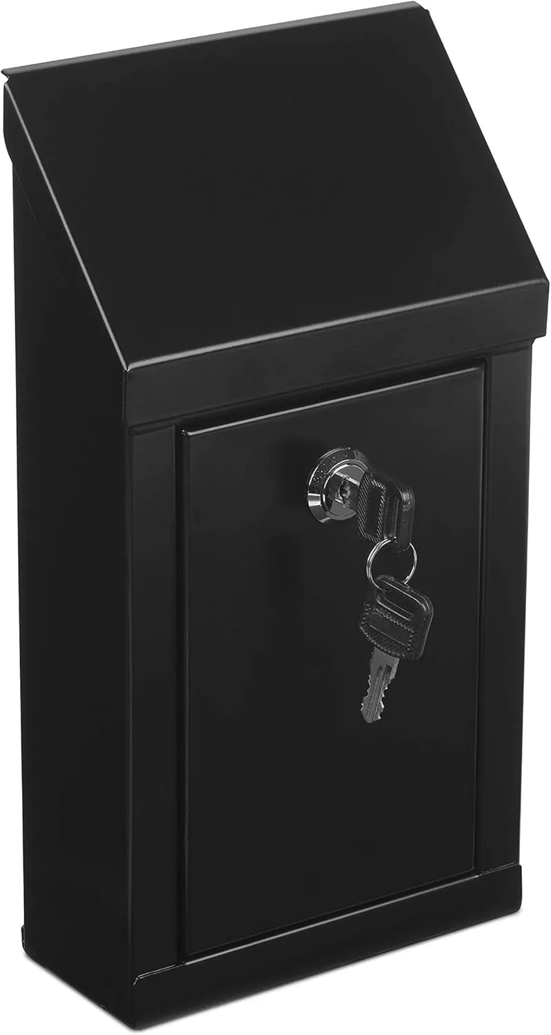 Metal Donation Box-Suggestion Box with Slot and Lock-Cash Lock Box for Money-Waterproof Drop Box-Comment and Ballot Voting Box-Comes with pre-drilled Holes for Easy Wall mounting 10x6x2.5(Black)