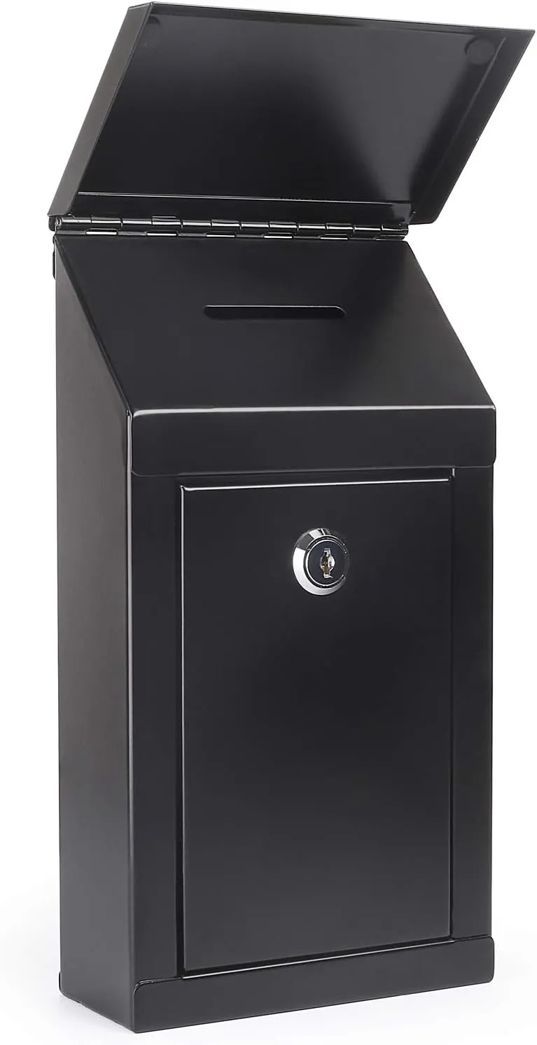 Metal Donation Box-Suggestion Box with Slot and Lock-Cash Lock Box for Money-Waterproof Drop Box-Comment and Ballot Voting Box-Comes with pre-drilled Holes for Easy Wall mounting 10x6x2.5(Black)