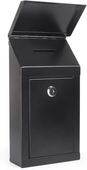 Metal Donation Box-Suggestion Box with Slot and Lock-Cash Lock Box for Money-Waterproof Drop Box-Comment and Ballot Voting Box-Comes with pre-drilled Holes for Easy Wall mounting 10x6x2.5(Black)