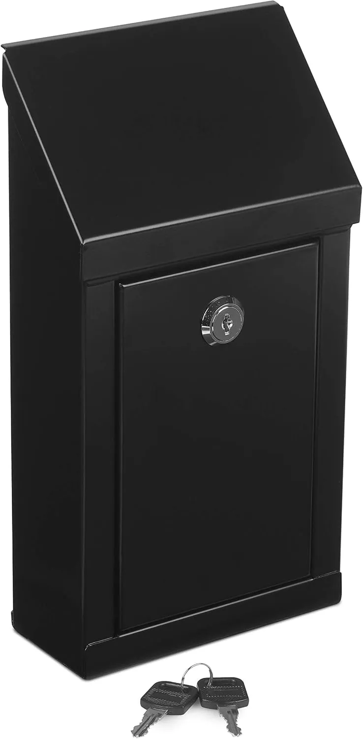 Metal Donation Box-Suggestion Box with Slot and Lock-Cash Lock Box for Money-Waterproof Drop Box-Comment and Ballot Voting Box-Comes with pre-drilled Holes for Easy Wall mounting 10x6x2.5(Black)