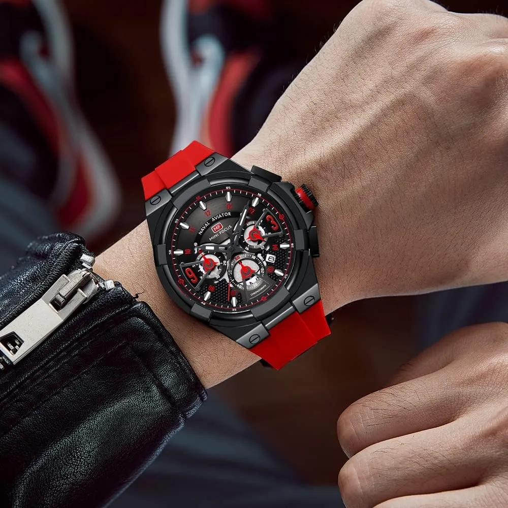 MF MINI FOCUS Mens Watches Unique Hollow Casual Wrist Watch (Chronograph/Waterproof/Luminous/Calendar/24 Hour) Silicon Band Fashion Watch for Men