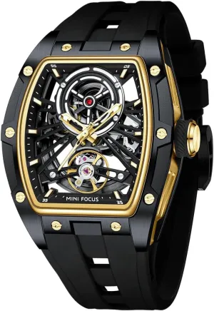 MF MINI FOCUS Unique Men Watches,Automatic Mechanical Watch,Luxury Hollow Tonneau Watches for Men with Stainless Steel Case and Silicon Band (Self-Wind Movement/5ATM Waterproof/Super_Luminous)