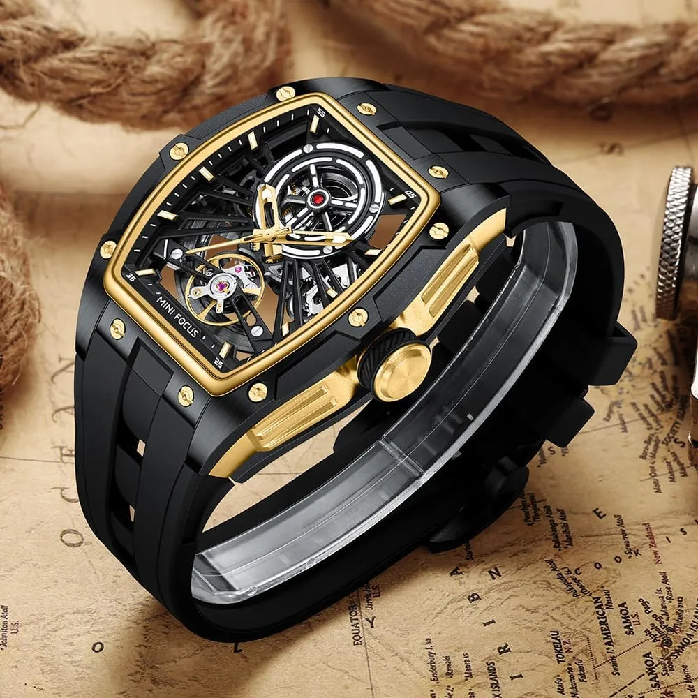 MF MINI FOCUS Unique Men Watches,Automatic Mechanical Watch,Luxury Hollow Tonneau Watches for Men with Stainless Steel Case and Silicon Band (Self-Wind Movement/5ATM Waterproof/Super_Luminous)