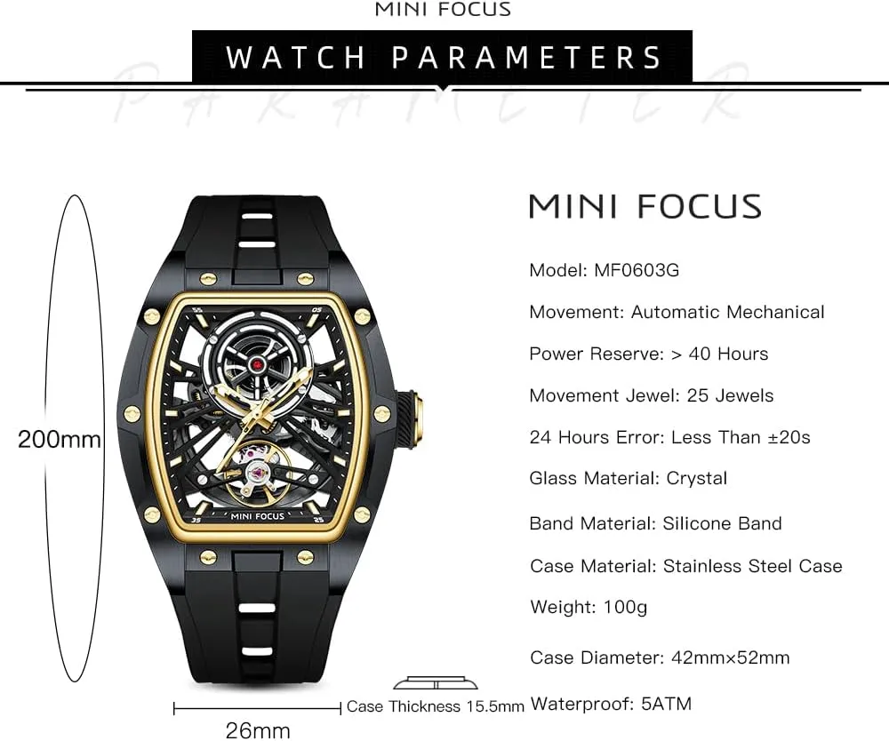 MF MINI FOCUS Unique Men Watches,Automatic Mechanical Watch,Luxury Hollow Tonneau Watches for Men with Stainless Steel Case and Silicon Band (Self-Wind Movement/5ATM Waterproof/Super_Luminous)