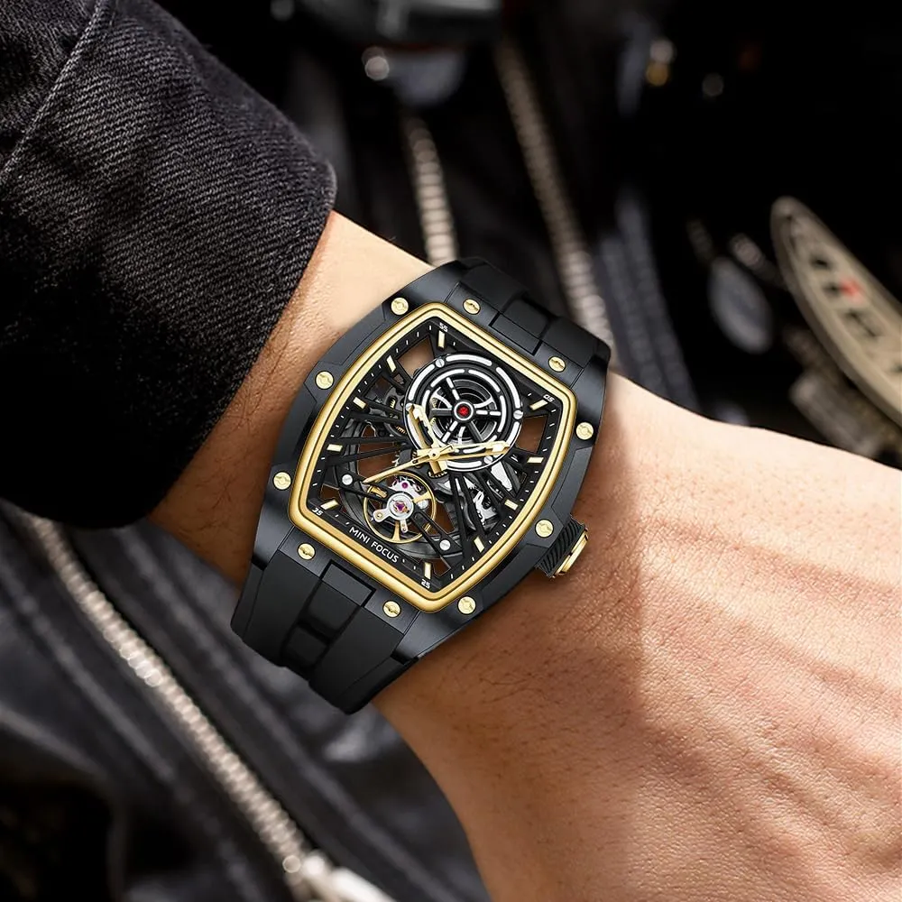 MF MINI FOCUS Unique Men Watches,Automatic Mechanical Watch,Luxury Hollow Tonneau Watches for Men with Stainless Steel Case and Silicon Band (Self-Wind Movement/5ATM Waterproof/Super_Luminous)