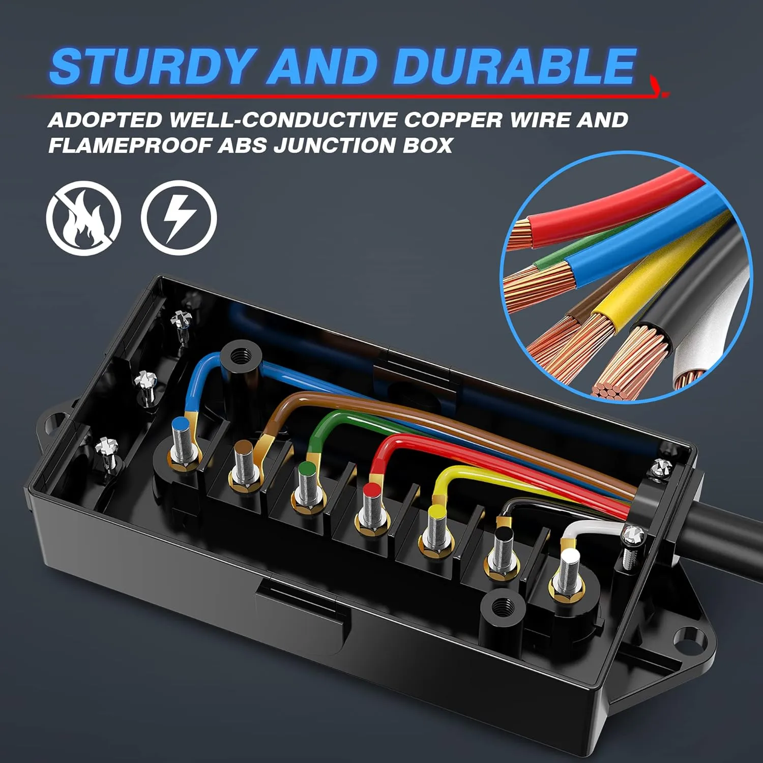MICTUNING Heavy Duty 7 Way Plug Inline Trailer Cord with 7 Gang Junction Box 12 Feet, Weatherproof