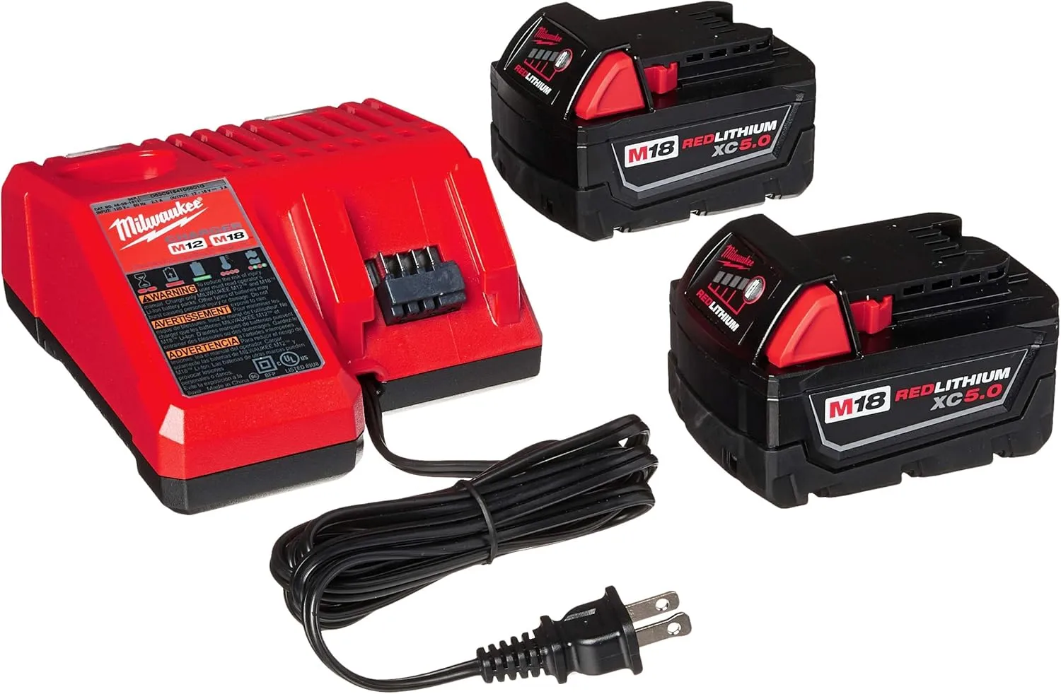 Milwaukee 48-59-1850 M18 RED LITHIUM XC 5.0 Ah Batteries (2)   48-59-1812 M12 and M18 Multi Voltage Charger kit