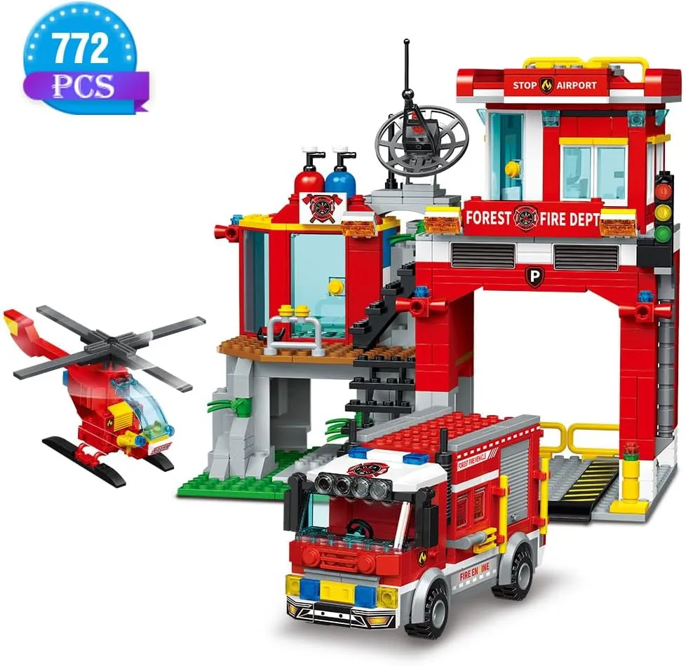 MindBox City Fire Rescue Building Set with Fire Station, Truck & Helicopter,737pcs Toy for Boys 6 