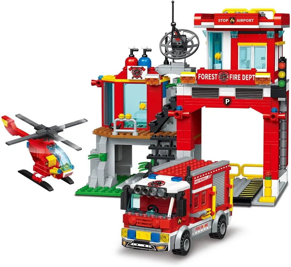 MindBox City Fire Rescue Building Set with Fire Station, Truck & Helicopter,737pcs Toy for Boys 6 