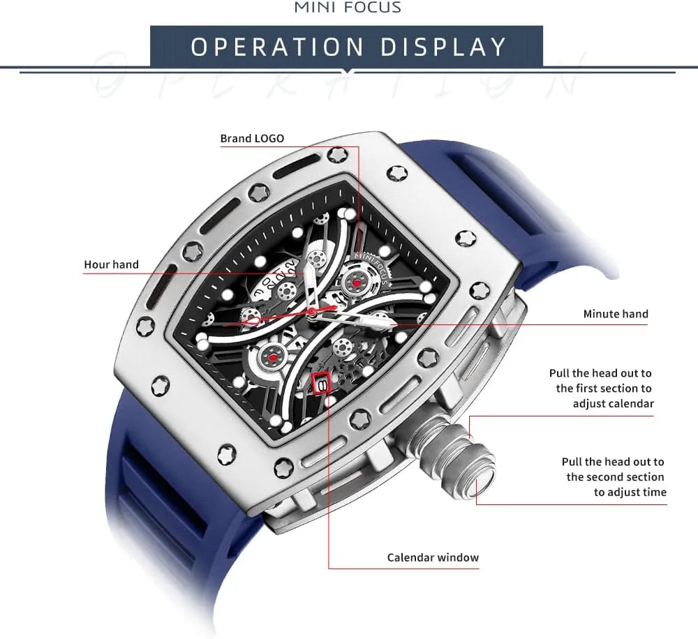 Mini Focus Unique Men Watch Tonneau Casual Wrist Watch (Hollow/Waterproof/Super Luminous/Calendar) Soft Silicon Band Fashion Cool Watch for Men