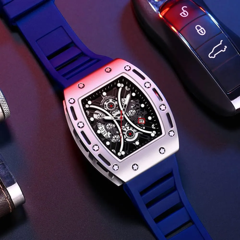 Mini Focus Unique Men Watch Tonneau Casual Wrist Watch (Hollow/Waterproof/Super Luminous/Calendar) Soft Silicon Band Fashion Cool Watch for Men