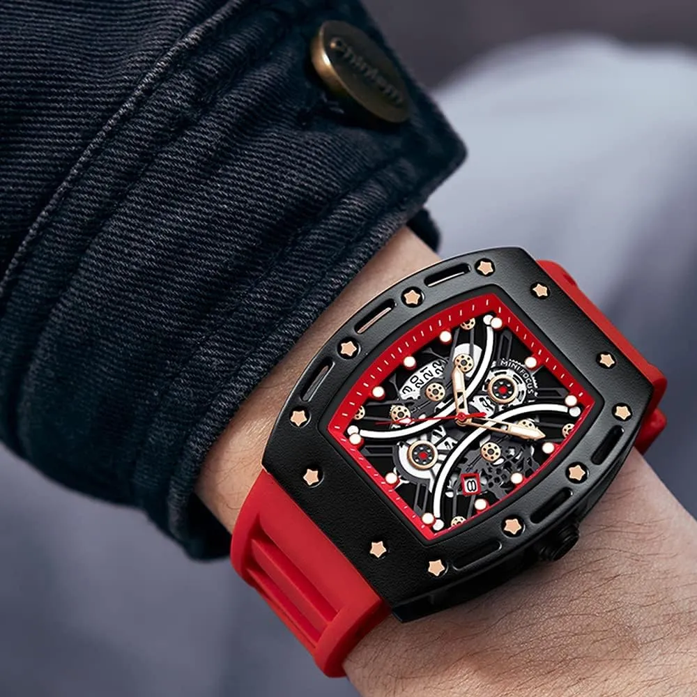 Mini Focus Unique Men Watch Tonneau Casual Wrist Watch (Hollow/Waterproof/Super Luminous/Calendar) Soft Silicon Band Fashion Cool Watch for Men