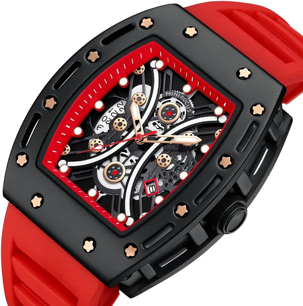 Mini Focus Unique Men Watch Tonneau Casual Wrist Watch (Hollow/Waterproof/Super Luminous/Calendar) Soft Silicon Band Fashion Cool Watch for Men