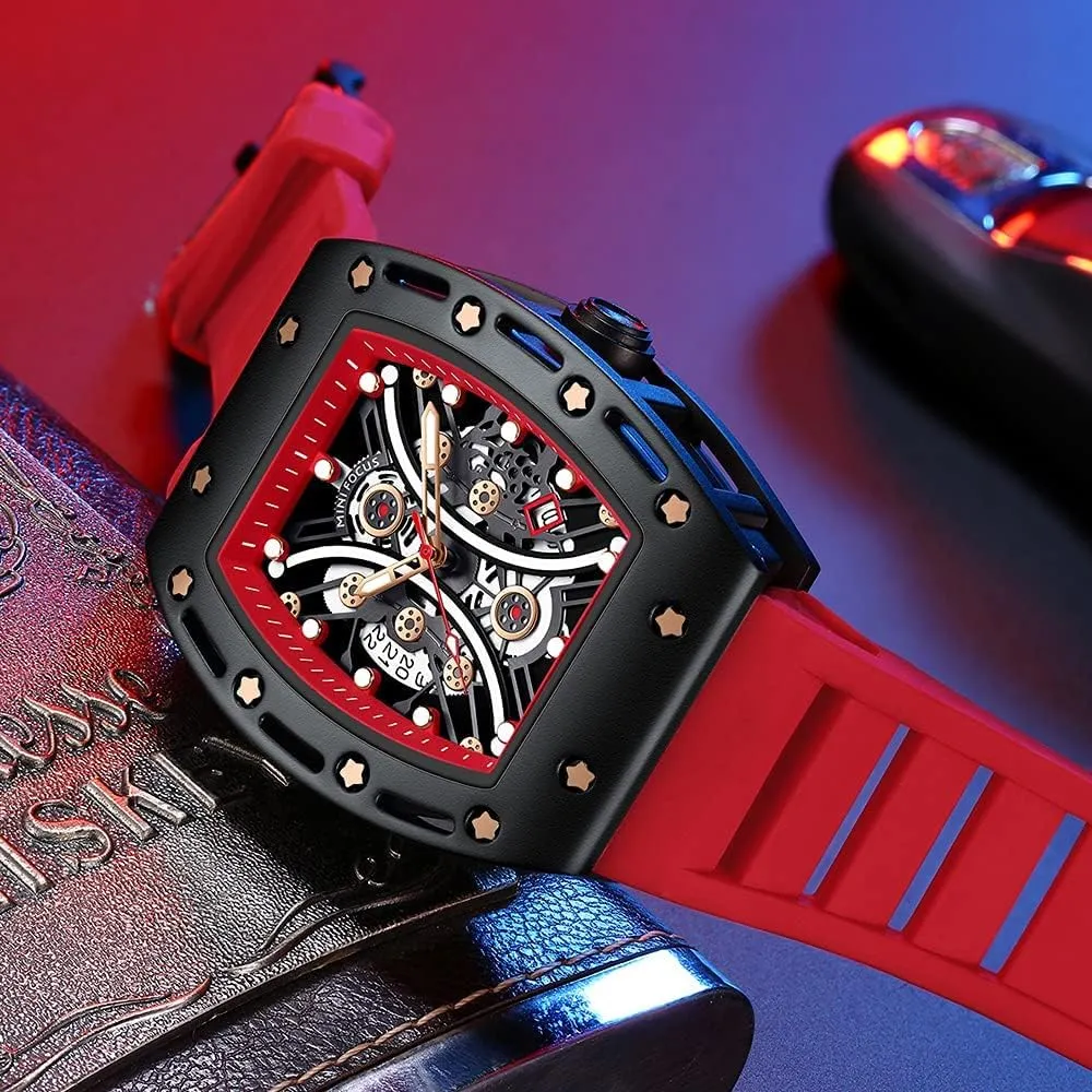 Mini Focus Unique Men Watch Tonneau Casual Wrist Watch (Hollow/Waterproof/Super Luminous/Calendar) Soft Silicon Band Fashion Cool Watch for Men