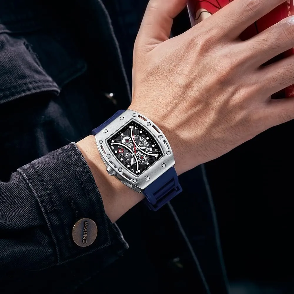 Mini Focus Unique Men Watch Tonneau Casual Wrist Watch (Hollow/Waterproof/Super Luminous/Calendar) Soft Silicon Band Fashion Cool Watch for Men