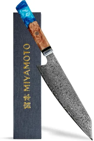 Miyamoto Japanese Chef Knife 8 Inch Steel 67 Layers Damascus Kitchen Knife, Ultra Sharp Chef's Knife with Long Lasting Blade, High Carbon Super Steel Chopping Knife, Carving Knife with Resin Handle