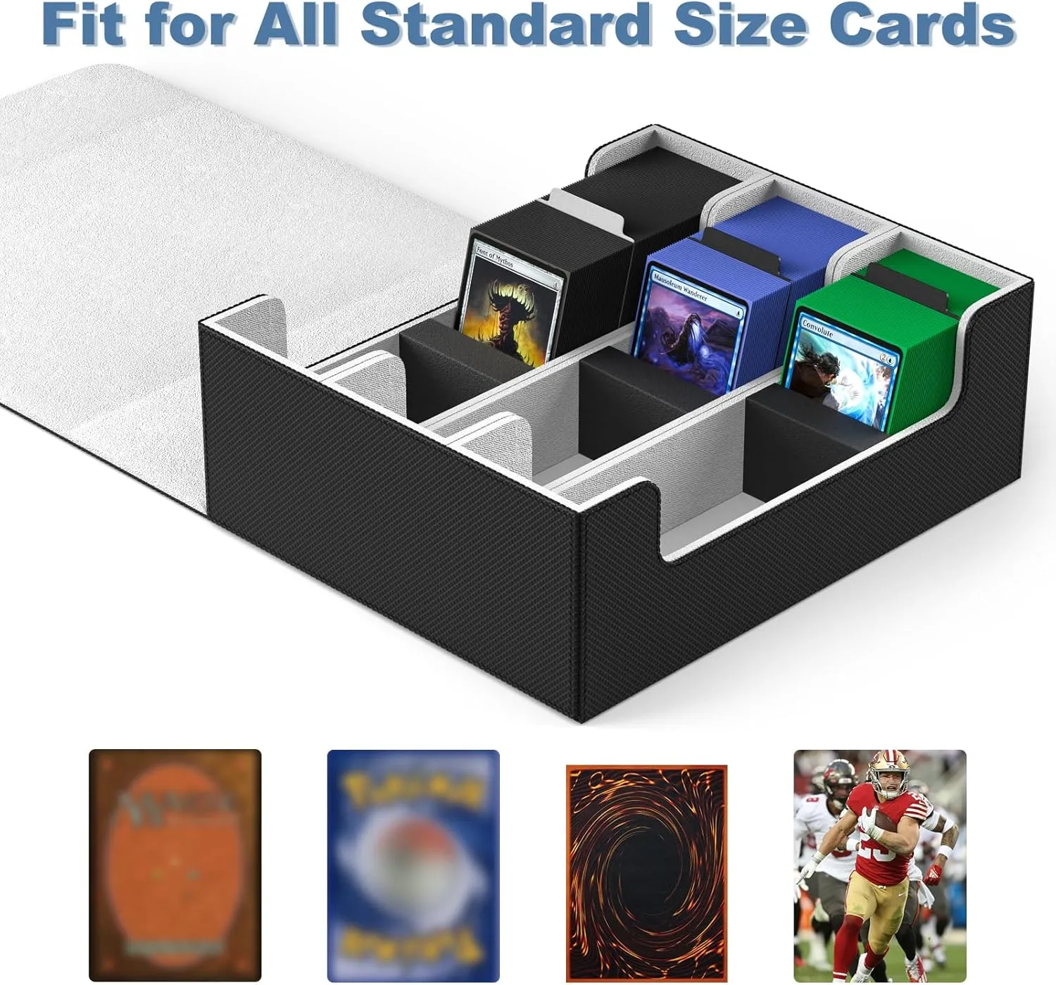 Mlikero Card Deck Case for Trading Cards 1800 , Trading Card Storage Box with 10 Dividers and 3 Foam Stoppers, Leather Magnetic Closure Commander Deck Box Fit for YuGiOh, MTG and Sport Cards