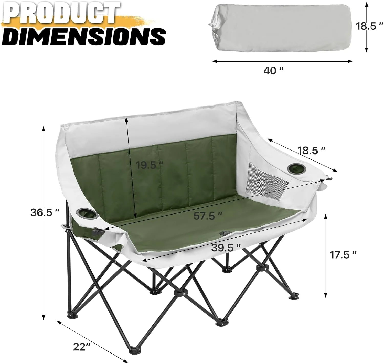 MoNiBloom Collapsible Double Camping Loveseat Chair Outdoor Beach Lawn Picnic Hiking Travel Portable Foldable Collapsible 2-Person Love Seat Camp Chair for Adults (Dark Green and Light Gray)