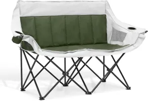 MoNiBloom Collapsible Double Camping Loveseat Chair Outdoor Beach Lawn Picnic Hiking Travel Portable Foldable Collapsible 2-Person Love Seat Camp Chair for Adults (Dark Green and Light Gray)