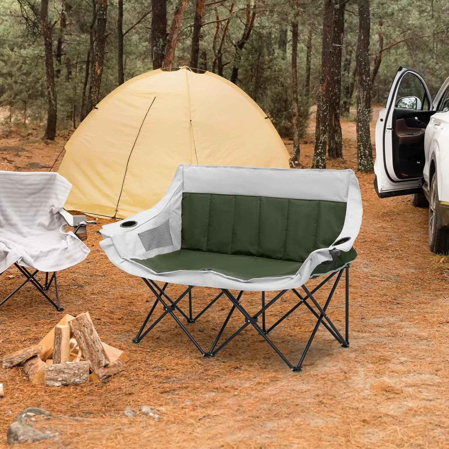 MoNiBloom Collapsible Double Camping Loveseat Chair Outdoor Beach Lawn Picnic Hiking Travel Portable Foldable Collapsible 2-Person Love Seat Camp Chair for Adults (Dark Green and Light Gray)