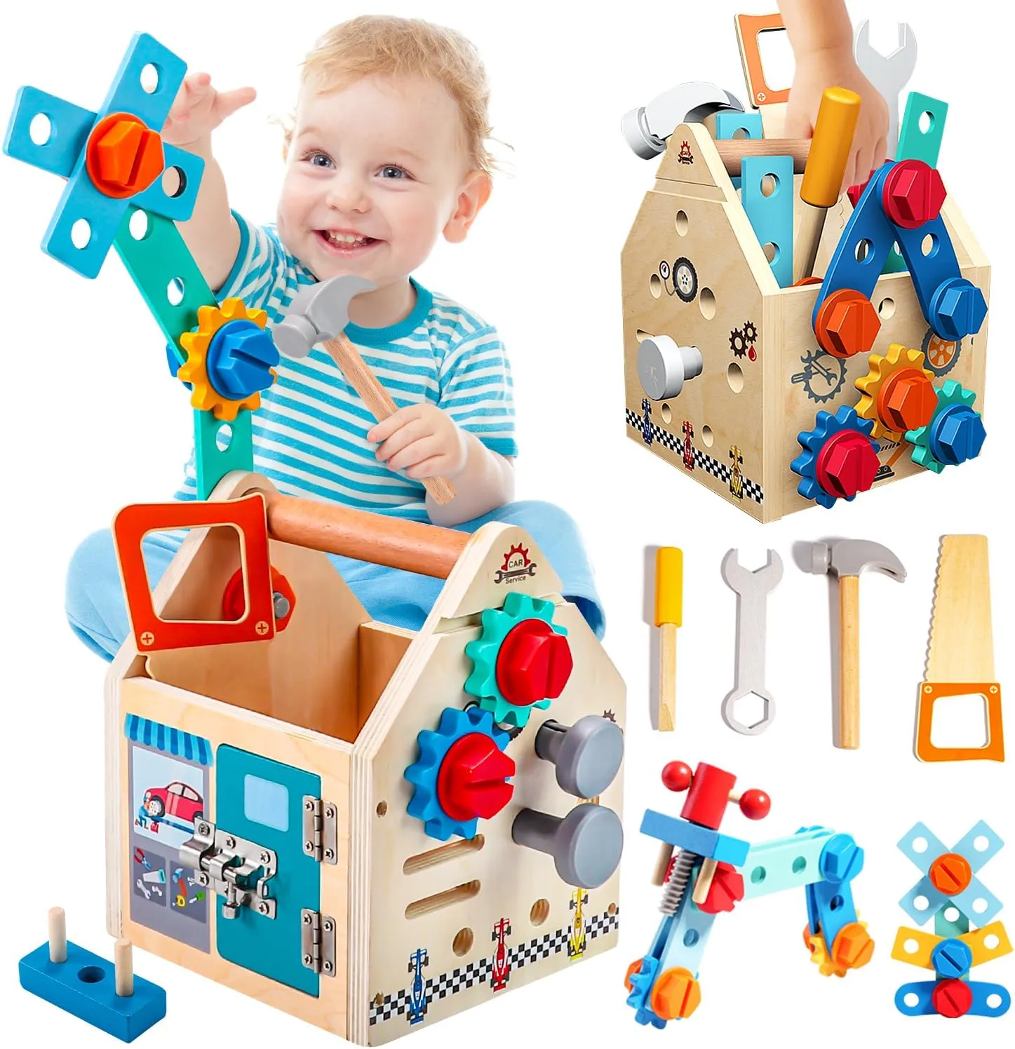 Montessori Toddler Tool Set - 33 PCS Wooden Kids Tools with Box / Bench, Montessori Educational Pretend Play Preschool Toys Gifts for 2 3 4 5 Year Old Boy Girl Kids, STEM Fine Motor Skills Tool Set