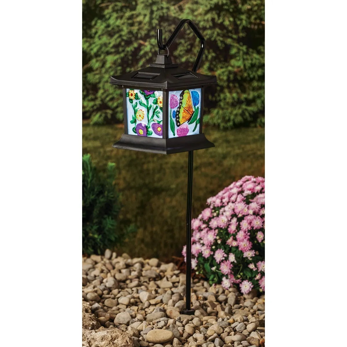 Moonrays Stained Glass Hanging Lantern 9 In. H. Solar Stake Light