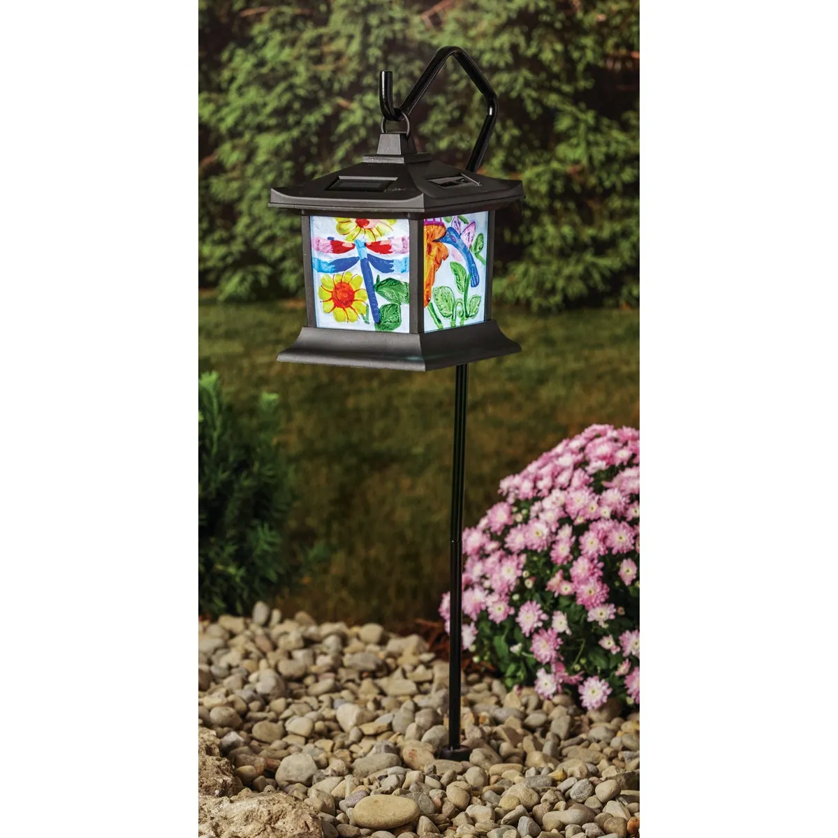 Moonrays Stained Glass Hanging Lantern 9 In. H. Solar Stake Light
