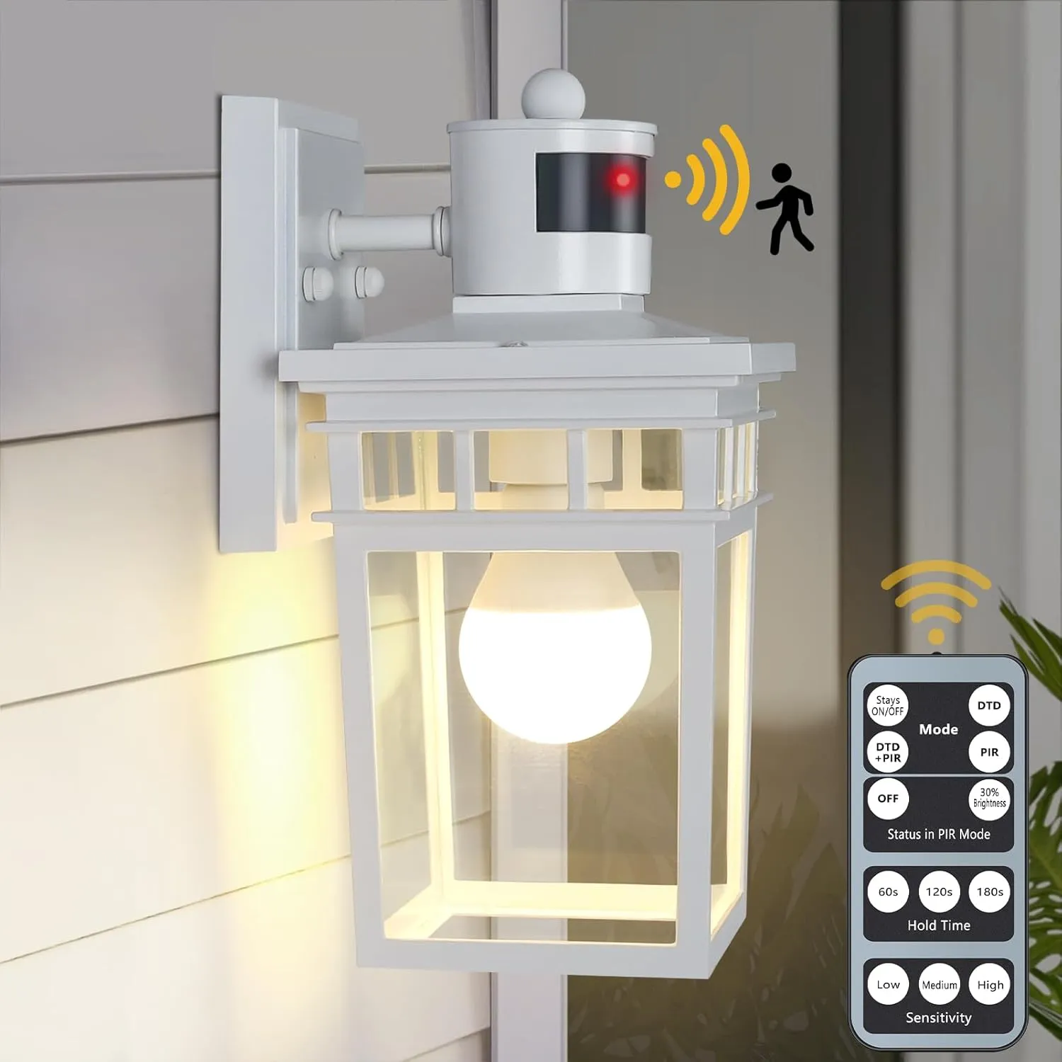 Motion Sensor Outdoor Wall Light with Remote Control, Dusk to Dawn Outdoor Lighting Motion Activated Porch Light, Waterproof Wall Sconce Exterior Light Fixture for Entryway Garage Bulb Included(White)