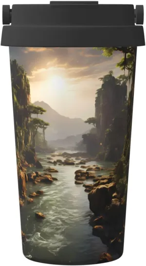 mountains and rivers printed insulated coffee mug with airtight lid and handle, reusable, lightweight and stylish. Sports thermos mug.