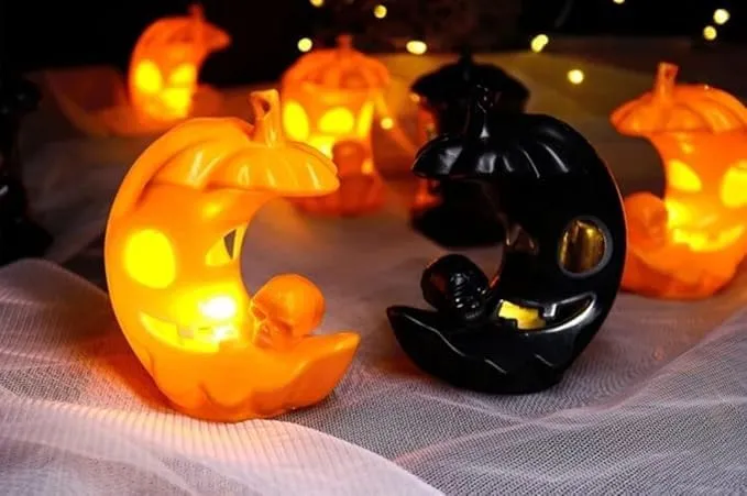 MPS My Party Suppliers Set of 2 Halloween Lamps, Halloween laltern, LED for Halloween Decoration, Halloween Hanging Decoration (Black-Orange Half Moon Light)