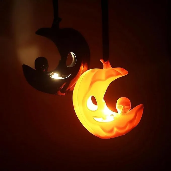 MPS My Party Suppliers Set of 2 Halloween Lamps, Halloween laltern, LED for Halloween Decoration, Halloween Hanging Decoration (Black-Orange Half Moon Light)