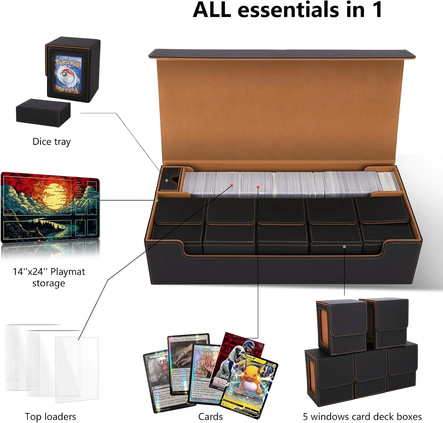 MTG Card Storage Box TCG Deck Case Holds Fits 5 Windows Decks Card Box Or 1800  Sleeved Cards for MTG, YuGiOh, Uno, TCG, Trading Cards with Mat Case and Strong Magnet Closure (Black and Golden)