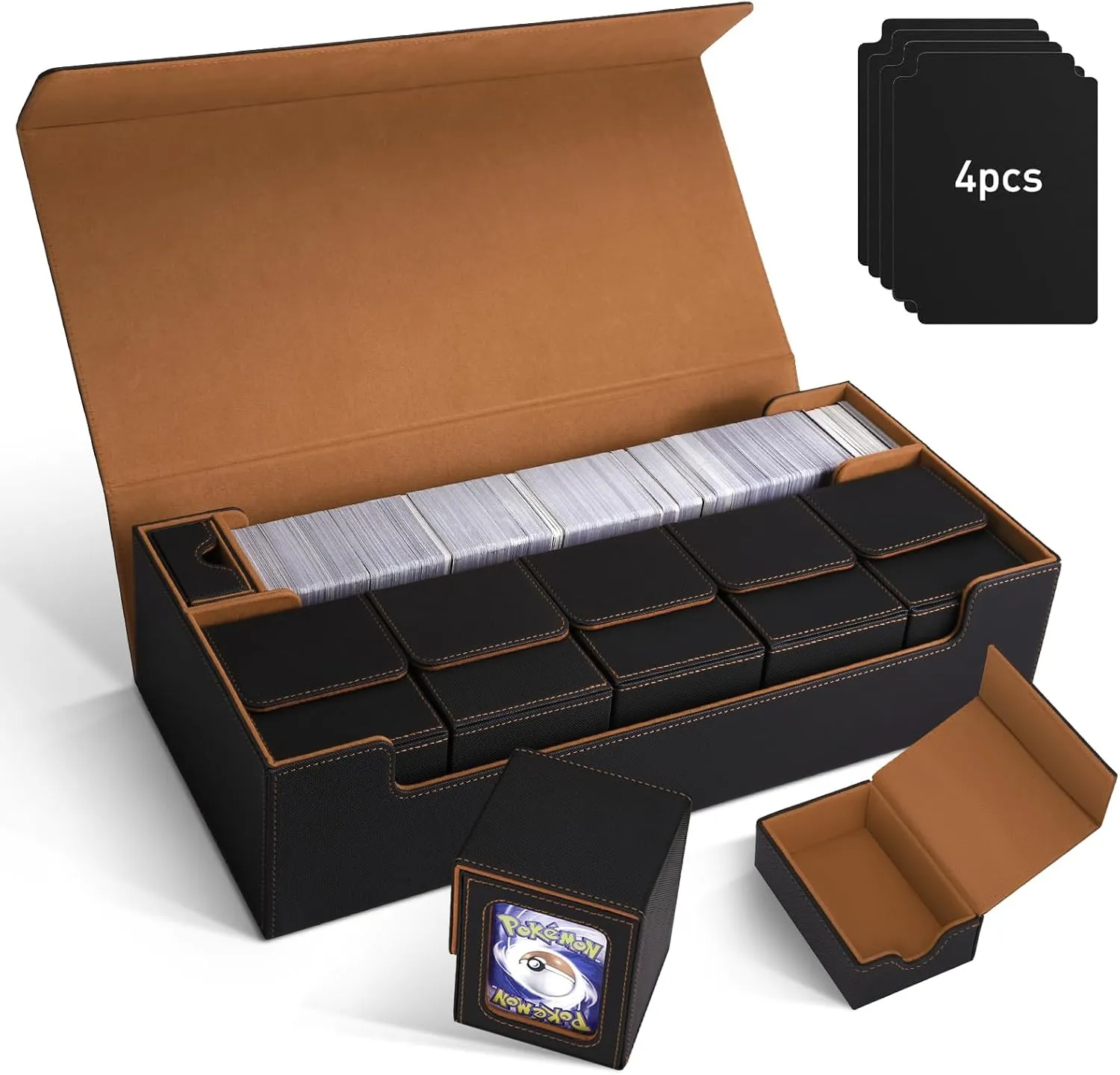 MTG Card Storage Box TCG Deck Case Holds Fits 5 Windows Decks Card Box Or 1800  Sleeved Cards for MTG, YuGiOh, Uno, TCG, Trading Cards with Mat Case and Strong Magnet Closure (Black and Golden)