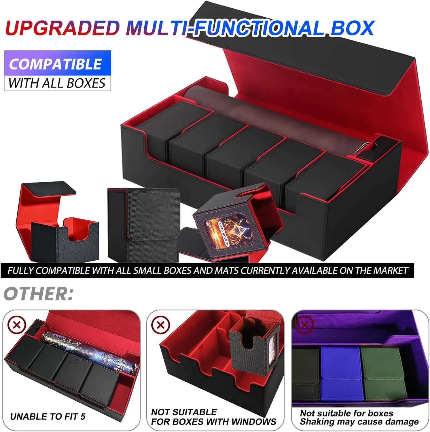 MTG Card Storage Box TCG Deck Case Holds Fits 5 Windows Decks Card Box Or 1800  Sleeved Cards for MTG, YuGiOh, Uno, TCG, Trading Cards with Mat Case and Strong Magnet Closure (Black)