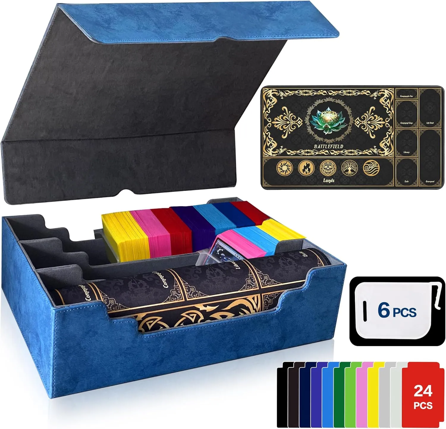 MTG Commander Deck Case with Playmat, 3-Row Trading Card Storage Box Fits 3000  Cards, 6 Movable Partitions 24 Dividers PU Leather Magnetic Closure, Magic/TCG/YuGiOh/Sport (Blue&Grey)