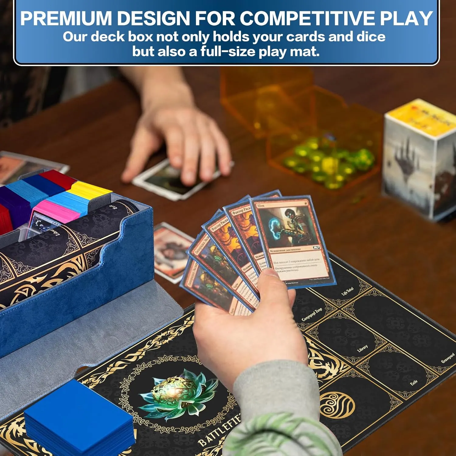 MTG Commander Deck Case with Playmat, 3-Row Trading Card Storage Box Fits 3000  Cards, 6 Movable Partitions 24 Dividers PU Leather Magnetic Closure, Magic/TCG/YuGiOh/Sport (Blue&Grey)