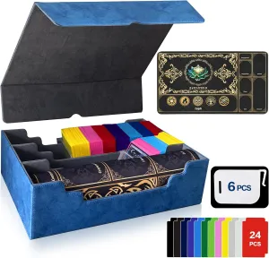 MTG Commander Deck Case with Playmat, 3-Row Trading Card Storage Box Fits 3000  Cards, 6 Movable Partitions 24 Dividers PU Leather Magnetic Closure, Magic/TCG/YuGiOh/Sport (Blue&Grey)
