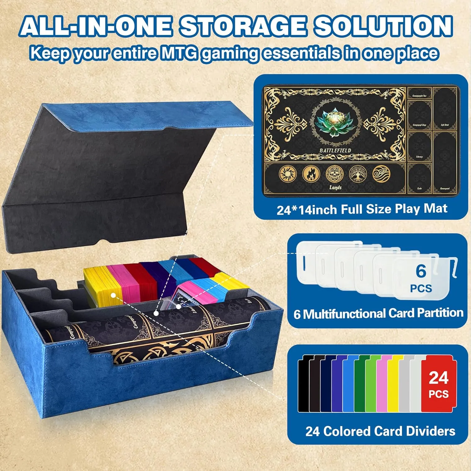 MTG Commander Deck Case with Playmat, 3-Row Trading Card Storage Box Fits 3000  Cards, 6 Movable Partitions 24 Dividers PU Leather Magnetic Closure, Magic/TCG/YuGiOh/Sport (Blue&Grey)