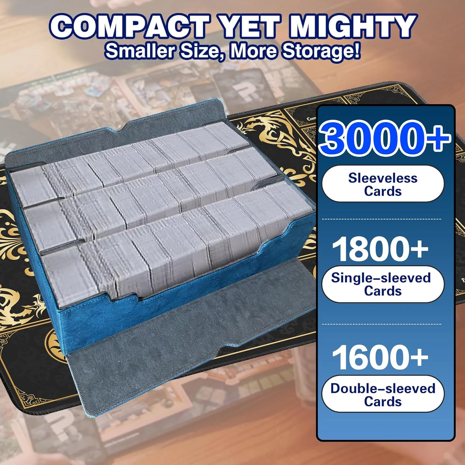 MTG Commander Deck Case with Playmat, 3-Row Trading Card Storage Box Fits 3000  Cards, 6 Movable Partitions 24 Dividers PU Leather Magnetic Closure, Magic/TCG/YuGiOh/Sport (Blue&Grey)